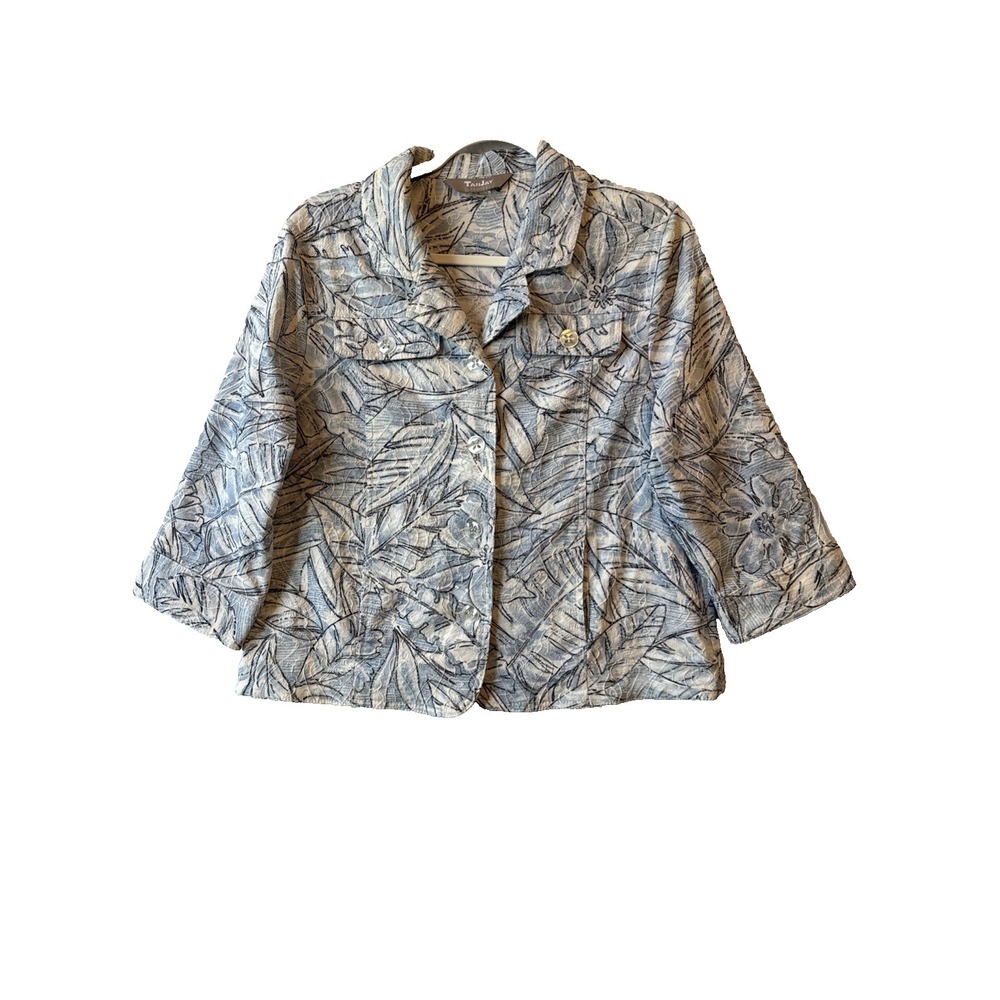 TanJay Blue Jacquard Tropical Leaf Floral Button Front Blazer Jacket 10 Petite‎